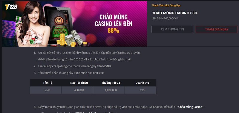 Sự kiện “Chào mừng Casino” lên đến 88%
