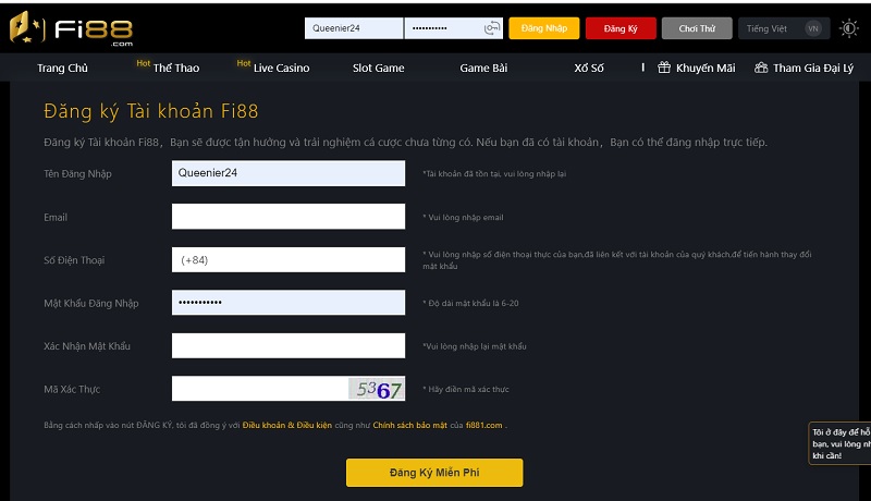 Biểu mẫu đăng ký thông tin tài khoản Fi88